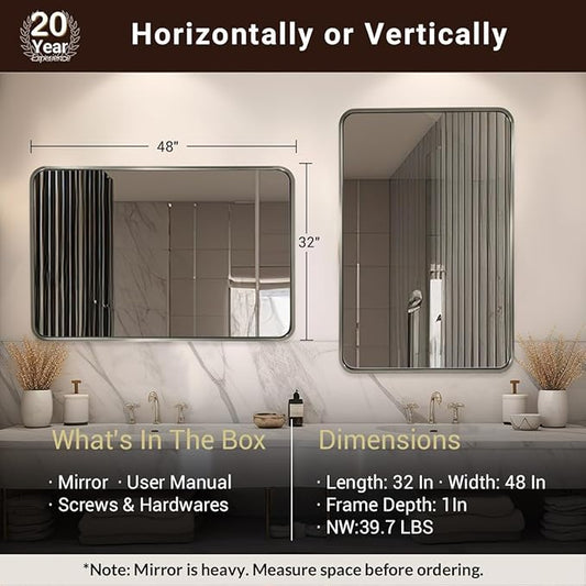 ANDY STAR 48x32 Inch Brushed Nickel Bathroom Mirror, Rounded Rectangle Bathroom Vanity Mirrors for Wall, Anti-Rust SUS304, Seamless Tube Metal Frame, 1’’ Deep Wall Mounted Vertically/Horizontal