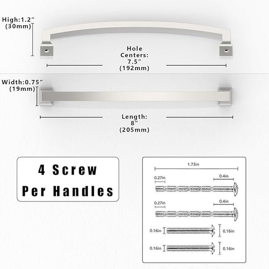 10 Pack Brushed Satin Nickel Cabinet Pulls 7.5 Inch(192mm) Kitchen Cabinet Handles Solid Zinc Alloy Cabinet Hardware Drawer Pulls