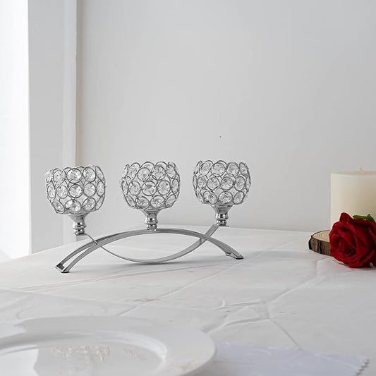Silver Crystal Candle Holders Decorative Candelabra, Metal 3 Arm Candlesticks Holder Centerpieces for Wedding Party Baby Shower Dining Room Coffee Table Decor candelabros para centros de mesa