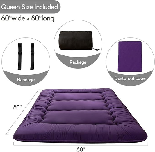 MAXYOYO Japanese Floor Futon Mattress, Roll Up Floor Mattress for Adults Foldable Tatami Mat Sleeping Pad Dormitory Bed Lounger, Purple, Queen Size