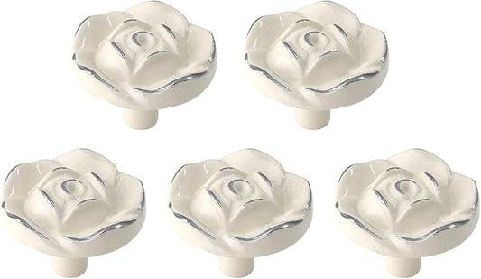 Uenhoy 5 Pcs Vintage Rose Drawer Knobs - Antique Rose Flower Cabinet Knobs for Dresser Vanity Nightstand Closet with Screws (Ivory White with Silver Edge)