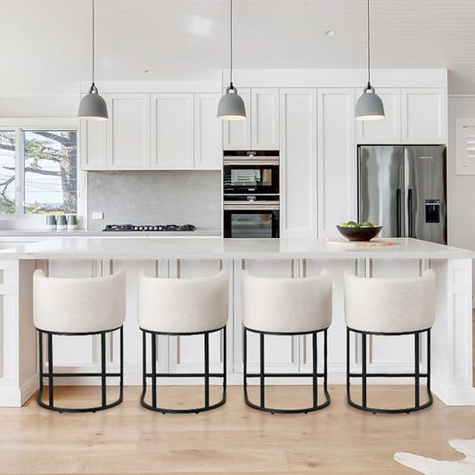Modern Counter Height Linen Upholstered Bar Stools Set of 4, 24" Kitchen Counter Island Stools Bar Chairs with Black Metal Frame for Kitchen Island, Cream
