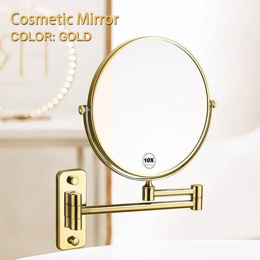 Gold 1x10x Double Sided Magnifying Bathroom Makeup Mirror 360 Degree Swivel Mirror Adjustable Telescopic Arm Wall Mount 8 Inch Non-Illuminated Beauty Mirror Shaving Mirror(Square Base)