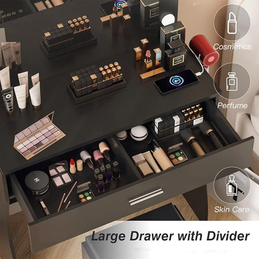 Vanity Table Set with Lighted Mirror - Makeup Vanity with Charging Station, Large Drawer Sturdy Wood Vanity with Lights, 3 Color Modes, Adjustable Brightness,Black