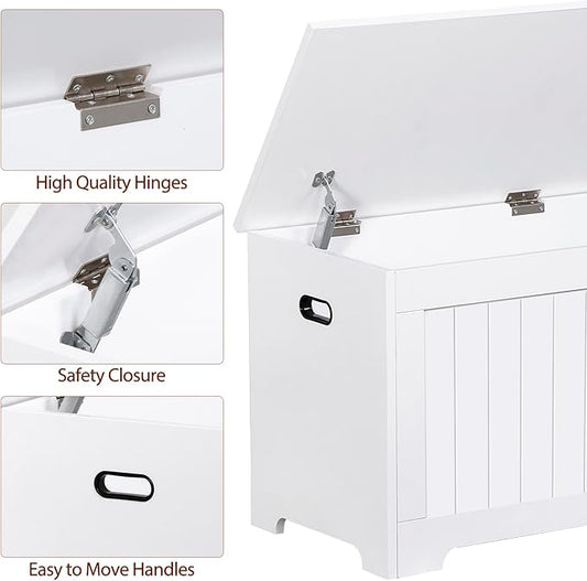 Wooden Storage Chest Box with Flip-top Lid & Safety Hinge, 39.4 Inch Living Room Organizer, Bedroom Bench, White