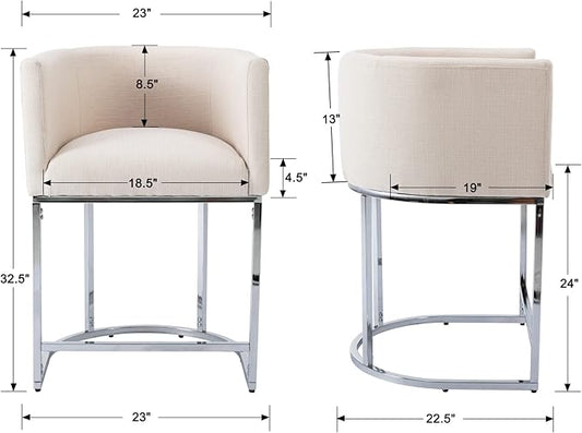 Modern Counter Height Linen Upholstered Bar Stools Set of 4, 24" Kitchen Counter Island Stools Bar Chairs with Chrome Finish Metal Frame for Kitchen Island, Cream