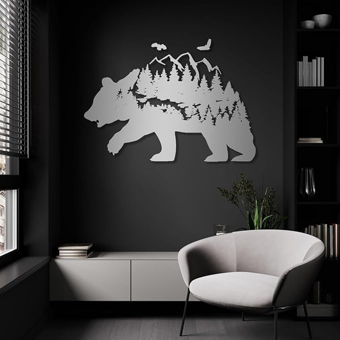 Metal Bear Wall Decor, Mountain And Forest Metal Wall Art, Nature Landscape Decor, Bear Wall Art, Metal Mountain Range, Scandinavian Decor, Large Metal Art Wall Decor, Housewarming Gift (26"x41"|67x105cm, Black)