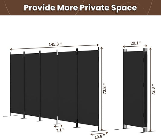 JAXPETY Room Divider 5 Panel Privacy Screen Wall Dividers for Room Separation Flexible Partition Folding Portable Room Partition for Office 145" W x 73" H, Black