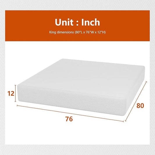 PayLessHere King Mattress 12 Inch Gel Memory Foam Mattress with Breathable & Washable Soft Fabric Zippered Cover,Supportive & Pressure Relief Bed Mattress,CertiPUR-US Certified,White,Fiberglass Free