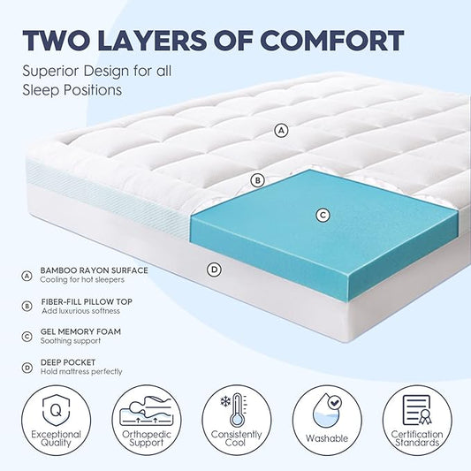 ELEMUSE King Size Dual Layer 3 Inch Memory Foam Mattress Topper for Pressure Relief, Breathable Pillow Top Mattress Pad with Deep Pocket, Enhanced Support, Non-Slip Design & Removable & Washable