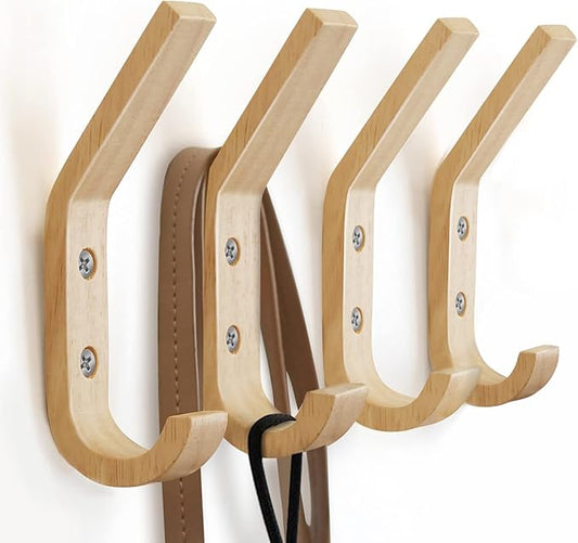 Wooden Coat Hooks Wall Hooks,Natural Oak Wood Hooks Decorative Vintage Wood Wall Hooks Organizer Heavy Duty Wall Mounted Hooks for Hanging Coats, Key, Cap, Cup (4 Pack)