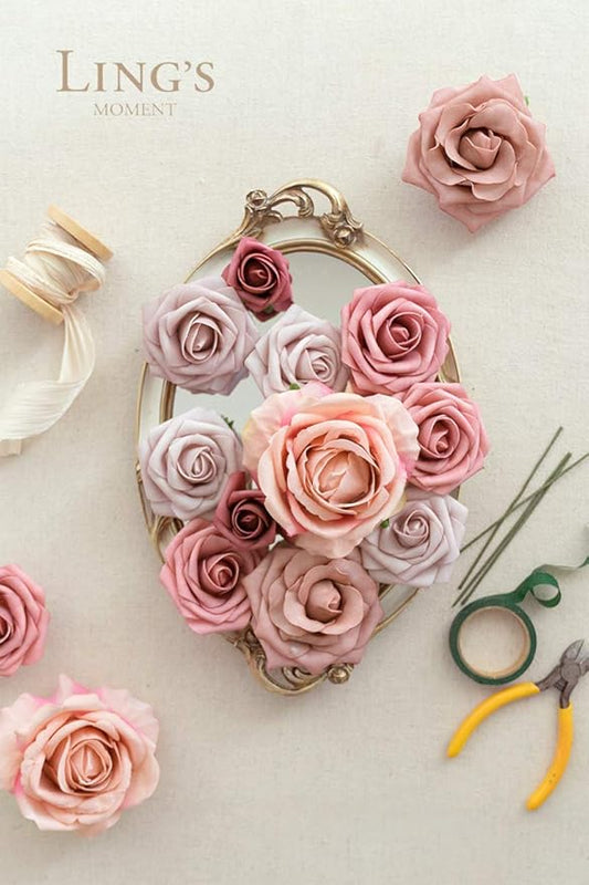 Ling's moment Artificial Flowers Fake Silk Roses Faux Foam Flower Combo for DIY Wedding Bouquets Centerpieces Arrangements Bridal Shower Party Home Decorations, Dusty Rose & Cinnamon Rose, 26pcs