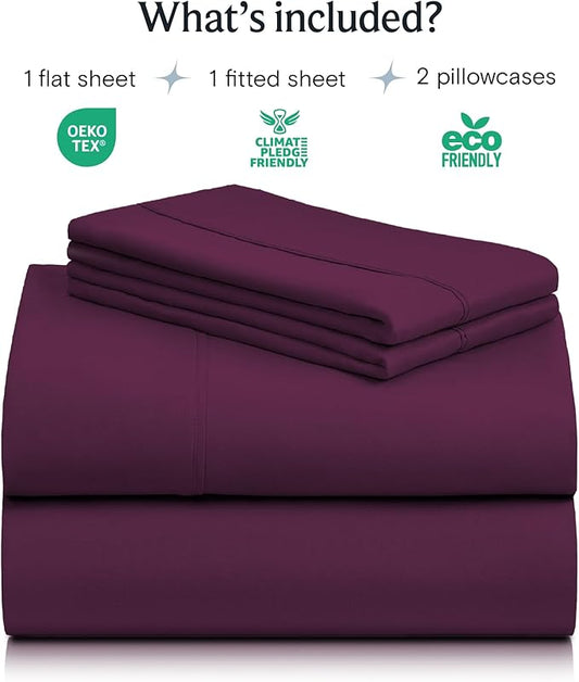 LuxClub 4 PC Queen Sheet Set, Deep Pockets Wrinkle Free Cooling Bed Sheets Hotel Bedding for Women, Men, Kids & Teens, Includes 1 Fitted Sheet, 1 Flat Sheet and 2 Pillowcases - Silky Soft Eggplant