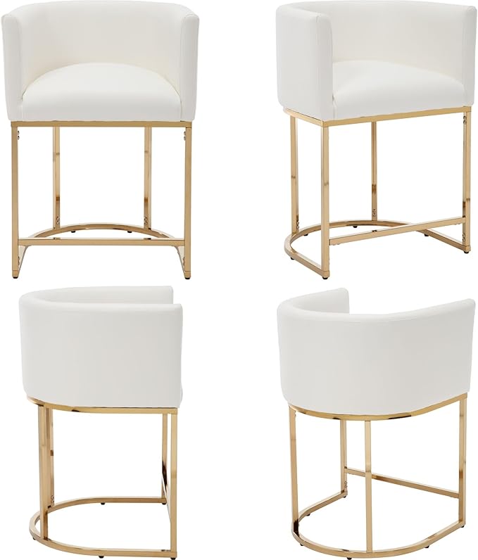 Modern Counter Height PU Leather Upholstered Bar Stool, 24" Kitchen Counter Island Stools Bar Chairs with Gold Metal Frame, White