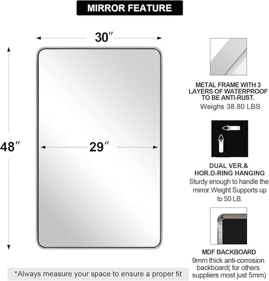 ANDY STAR 48”X30” Chrome Bathroom Mirrors, Polished Chrome Vanity Mirror, Rounded Rectangle Mirror for Wall, SUS304 Anti-Rust Tube Metal Frame, Wall Mounted Horizontal/Vertical 1’’ Deep