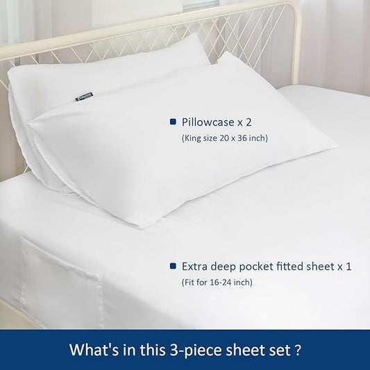 Extra Deep Pocket Air Mattress King Sheet Set - 3Pcs Side Storage Pocket Fitted Sheet & Pillowcase King Size Deep Pocket Sheet Set Easily Fits 16in to 24in Pillow Top Air Bed Mattress-White