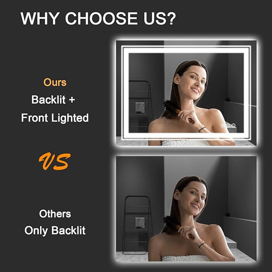 LED Bathroom Mirror, 40"x32" with Front and Backlit, Anti-Fog, Bathroom Vanity Mirror for Wall, Memory Function, Stepless Dimmable, Tempered Glass (Horizontal/Vertical)