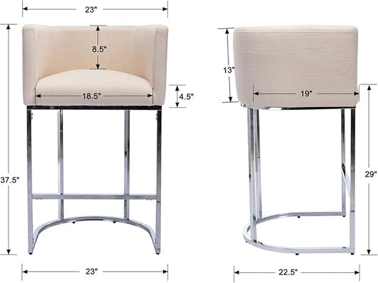 Modern Counter Height Linen Upholstered Bar Stools Set of 2, 29" Kitchen Counter Island Stools Bar Chairs with Chrome Finish Metal Frame for Kitchen Island, Cream