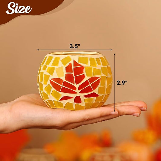 Nefelibata Fall Candle Holder Set of 3 Mosaic Maple Leave Sunflower Tealight Holder Pumpkin Glass Thanksgiving Votive Candle Holder Thanksgiving Party Dinner Table Centerpieces (No Candle Included)