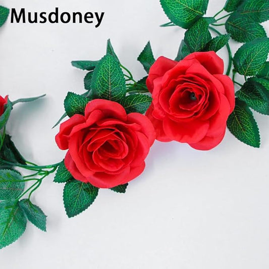 Musdoney 4Pcs 32.2 FT Fake Rose Vine Flowers Plants Artificial Flower Garland Hanging Rose Ivy Home Hotel Office Wedding Party Garden Craft Art Decor (Red)