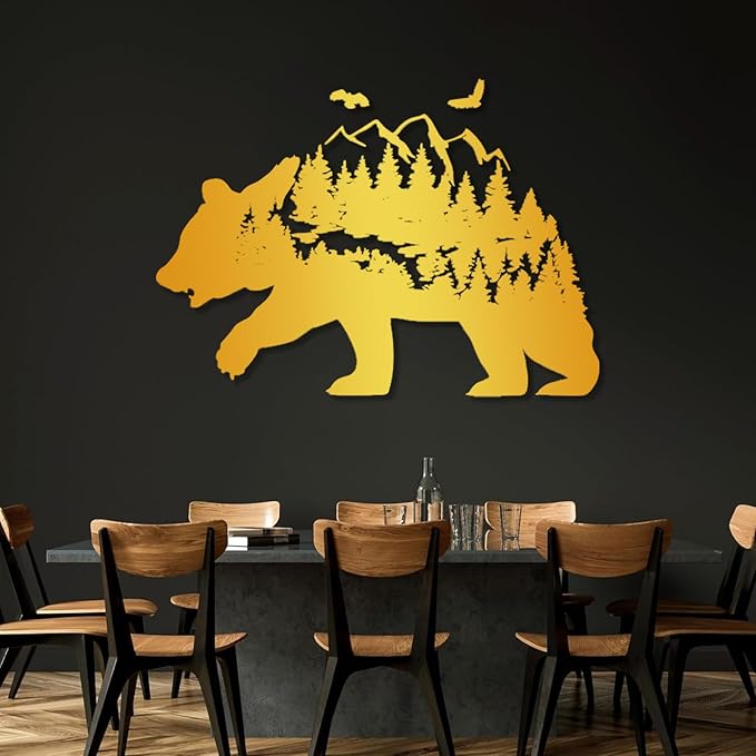 Metal Bear Wall Decor, Mountain And Forest Metal Wall Art, Nature Landscape Decor, Bear Wall Art, Metal Mountain Range, Scandinavian Decor, Large Metal Art Wall Decor, Housewarming Gift (26"x41"|67x105cm, Silver)