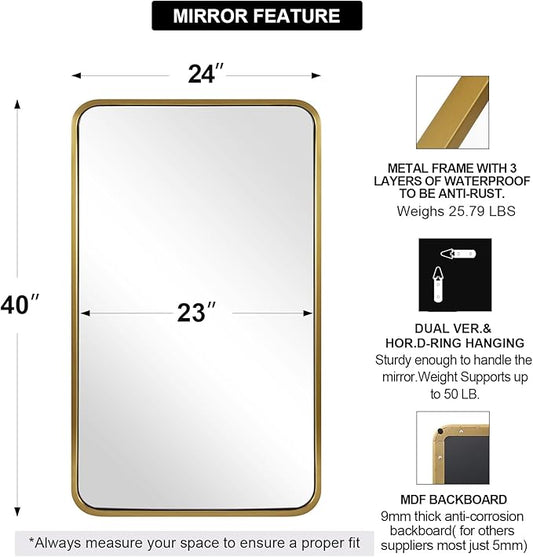 ANDY STAR 24x40 Inch Gold Bathroom Mirror, Rounded Rectangle Mirror, Brushed Brass Bathroom Vanity Mirror Oblong Tube Metal Framed, SUS304-Anti-Rust, Wall-Mounted Horizontal/Vertical 1’’ Deep