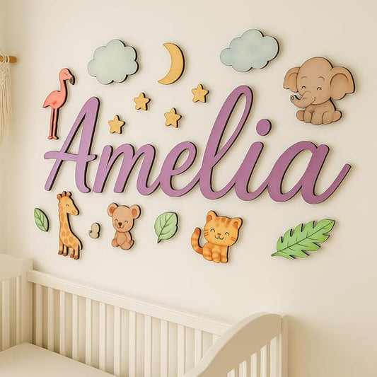 Custom Nursery Name Sign with Themed Decor Kit | Personalized Wooden Wall Art for Baby, Kids Room | Space, Jungle, Circus, Under The Sea, Woodland, Rainbow (50", Jungle/Safari)