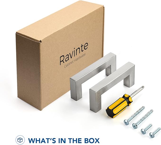 Ravinte 10 Pack Brushed Nickel Kitchen Cabinet Handles 3 Inch Cabinet Pulls Square Kitchen Hardware for Cabinet Drawer Pulls Drawer Handles Come with Screwdriver