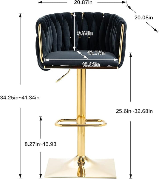 NIOIIKIT Bar Stool Set of 2, Velvet Upholstered Swivel Barstool, Counter Height Chair with Hand Woven Backrest, Dining Barstool with Footrest, Bar Chair for Kitchen Island, Pub (Black)