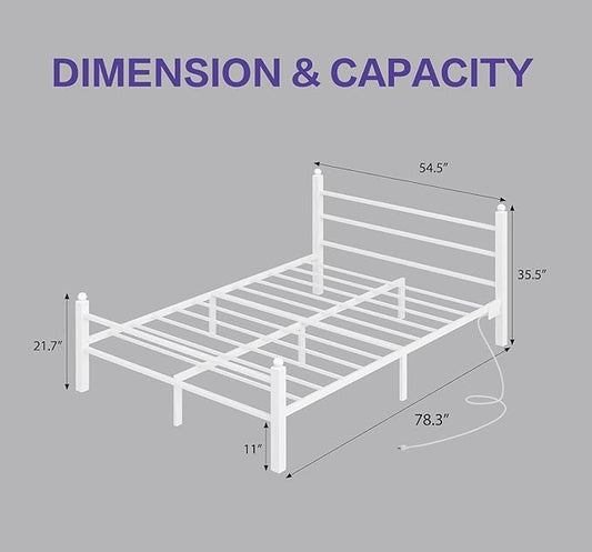 Full Bed Frame with Headboard and Footboard, Metal Bed Frame with Charging Station and LED Lights, Under Bed Storage, No Box Spring Needed,Noise Free, White