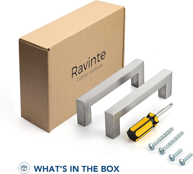 Ravinte 20 Pack Brushed Nickel Kitchen Cabinet Handles 4 Inch Cabinet Pulls Square Kitchen Hardware for Cabinet Drawer Pulls Drawer Handles Come with Screwdriver