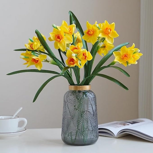 Artificial Flowers for Vases 17.7 Inch 10 Stems, Silk Dried Fake Mums Bouquet Indoor Faux Floral Arrangements for Decoration (Yellow Narcissus)
