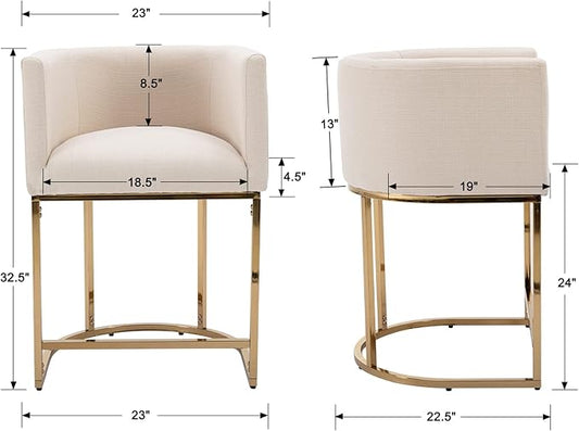 Modern Counter Height Linen Upholstered Bar Stools Set of 2, 24" Kitchen Counter Island Stools Bar Chairs with Gold Metal Frame for Kitchen Island, Cream