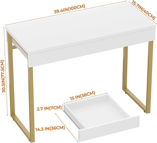 GreenForest Vanity Desk with 2 Drawers,39 inch White Desk with Glossy Desktop Easy Clean,Makeup Dressing Table with Metal Gold Legs for Home Office Small Spaces,Bedroom