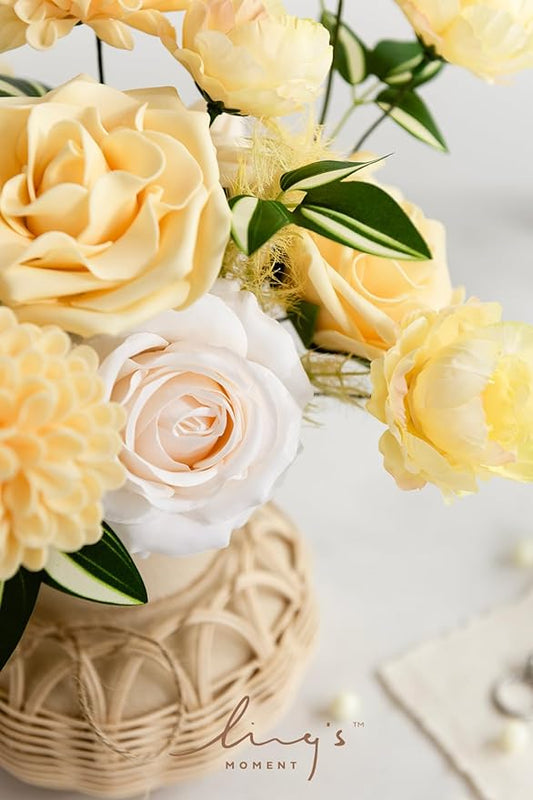 Ling's Moment Artificial Flowers Fake Silk Roses Faux Foam Dahlia Combo for DIY Wedding Bouquets Centerpieces Arrangements Bridal Shower Party Home Decorations, Creamy Yellow & Cream, 24pcs