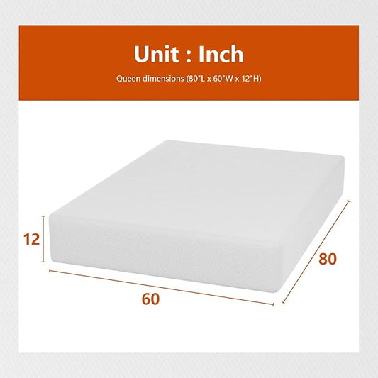 PayLessHere Queen Mattress 12 Inch Gel Memory Foam Mattress with Breathable & Washable Soft Fabric Zippered Cover,Supportive & Pressure Relief Bed Mattress,CertiPUR-US Certified,White,Fiberglass Free