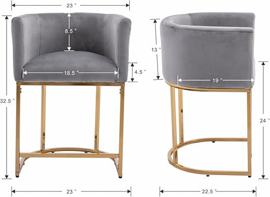 Modern Counter Height Velvet Upholstered Bar Stools Set of 3, 24" Kitchen Counter Island Stools Bar Chairs with Gold Metal Frame for Kitchen Island, Gray