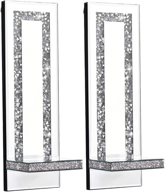 Crystal Crush Diamond Mirrored Candle Sconces, Silver Wall Candle Holder Set of 2, Wall Decorations for Living Room,Dining Room (Rectangle Stripe (Style 4))