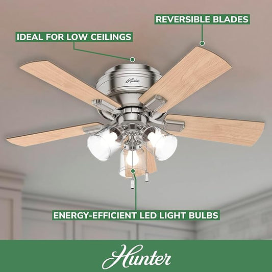Hunter 42 inch Indoor Ceiling Fan with LED Lights and Pull Chain - Low Profile Mount Ceiling Fan, 5 Blades, For Bedroom, Living Room, or Kitchen, Quiet - Crestfield 52154, Brushed Nickel