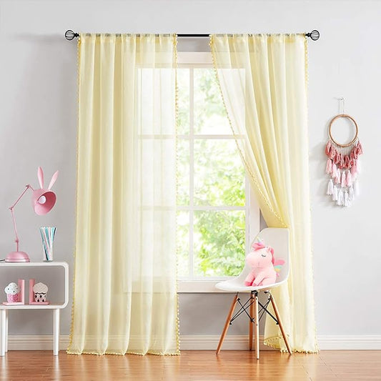 Treatmentex Pom-pom Sheer Curtains for Living Room, 84 inch Long Yellow Curtain Drapes for Kids Room 2 Panels Rod Pocket