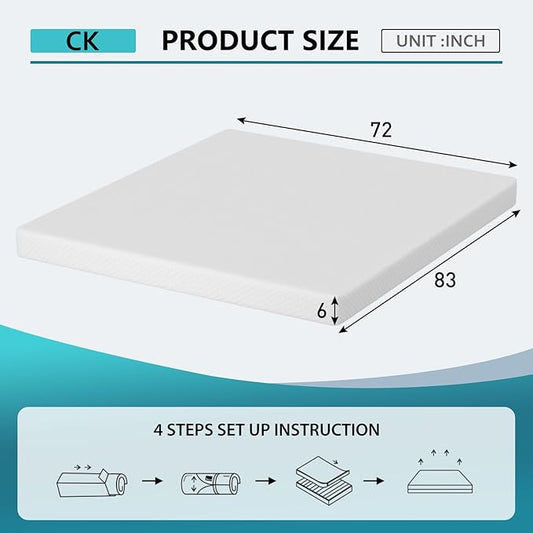 PayLessHere 6 Inch Gel Memory Foam Mattress Medium Firm Mattresses CertiPUR-US Certified Bed-in-a-Box Pressure Relieving California King Size,Fiberglass Free,White