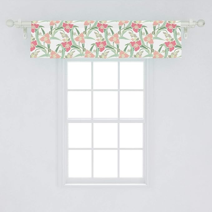 Lunarable Botanical Window Valance, Shabby Soft Tone Lily Blooms and Leaves Flower Pastel Beauty of Nature, Curtain Valance for Kitchen Bedroom Decor with Rod Pocket, 54" X 12", Green Pink