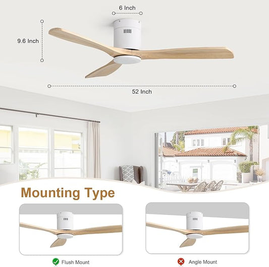 Sofucor 52 Inch Ceiling Fan No Light, Solid Wood Ceiling Fans Without Lights Remote Control, Reversible DC Motor, 6-Speed, Flush Mount Indoor/Outdoor Ceiling Fans for Patios, Bedroom and Farmhouse