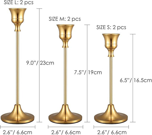 Candle Holders,Set of 6 Candlestick Holders for Taper Candles, Brass Gold Modern Decorative Candle Stick Holder for Table, Mantel, Wedding, Dinning, Housewarming Gift(Candles are not Included)