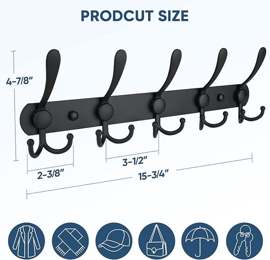 TICONN Wall Mounted Coat Rack, Five Heavy Duty Tri Hooks All Metal Construction for Jacket Coat Hat in Mudroom Entryway (Matte Black, 2-Pack)