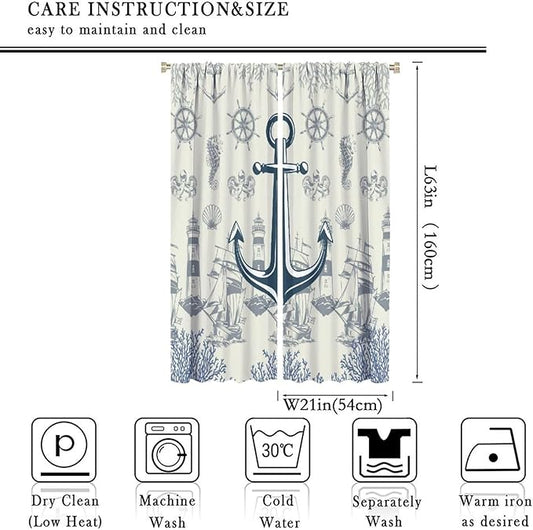 Nautical Anchor Curtains, Vintage Sailboat Ocean Coastal Lighthouse Window Drapes, Navy Blue Coral Shell Seahorse Beach Print Blackout Window Treatments for Living Room Bedroom 42x63in