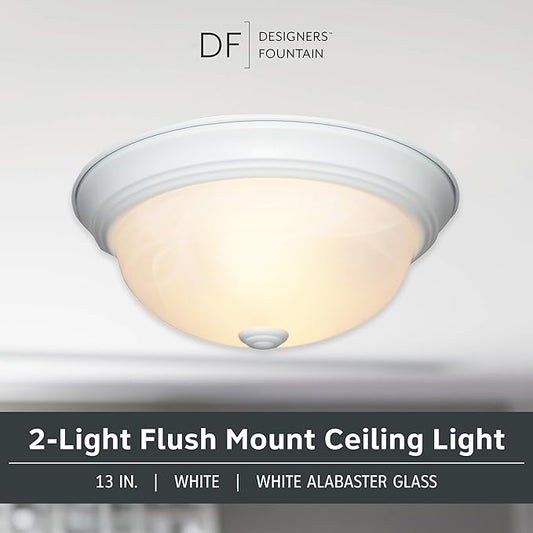 DESIGNERS FOUNTAIN Reedley 2-Lights Flush Mount Ceiling Light, 13 Inch Lighting Fixture for Kitchen, Bedroom, Bathroom, and Hallway, White Alabaster Glass, White, 1257M-WH-AL