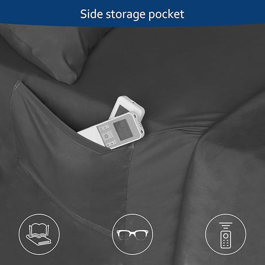 Deep Pocket Twin Sheets Set for Kids Air Mattress - Extra Deep Pocket Twin Sheet Sets - 3Pcs Side Storage Pocket Fitted Sheet & Pillowcases Easily Fits 16in to 24in Pillow Top Bed Mattress (Black)