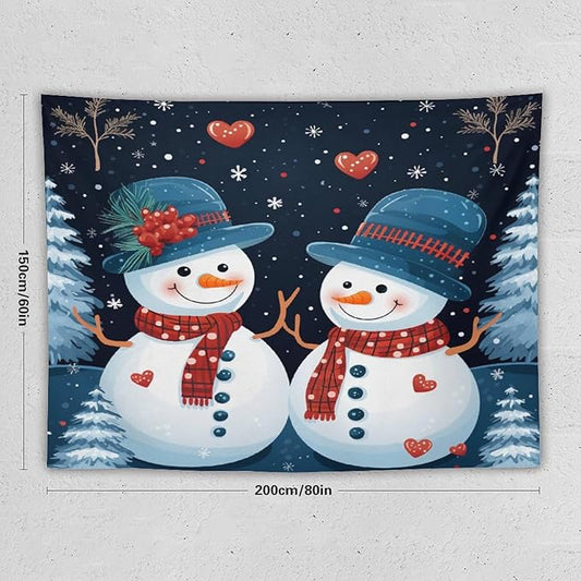 Tapestry Wall Hanging Snowman Couple Tapestry Cute Snowman with Hat And Scarf Tapestry Vintage Aesthetic Tapestries Wall Hanging for Living Room Dorm 60"x80" Tapestries Winter Snowflake Decorative