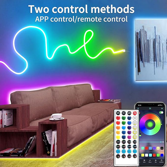 100FT RGB LED neon Rope Lights LED neon Lights with Remote/APP Control 24V IP65 Waterproof Flexible Neon LED Strip Lights for Bedroom Room Outdoors Decor(2 Rolls of 50ft)